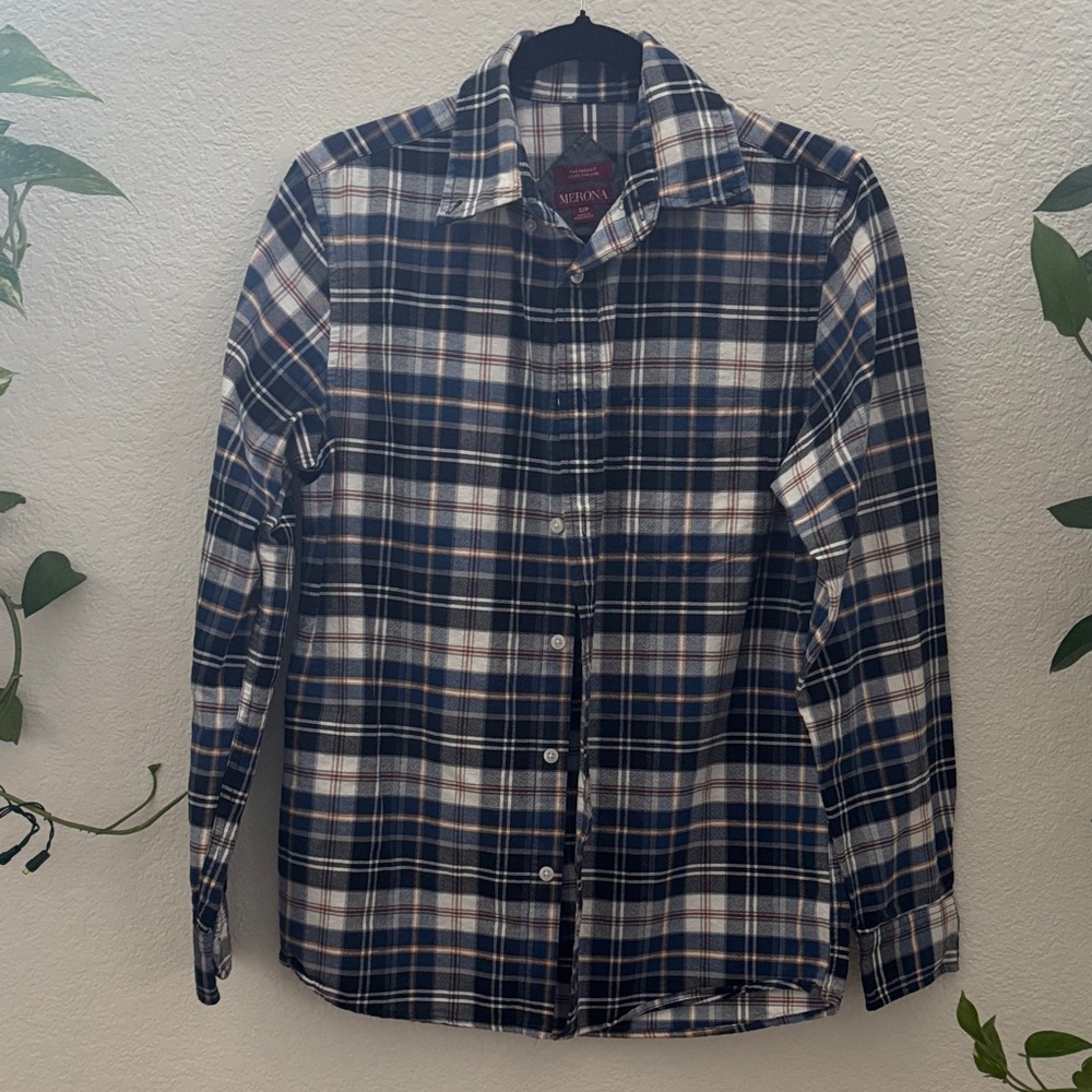 Merona Men’s Tailored Fit Plaid Button Down Shirt Blue Multicolor Size S
